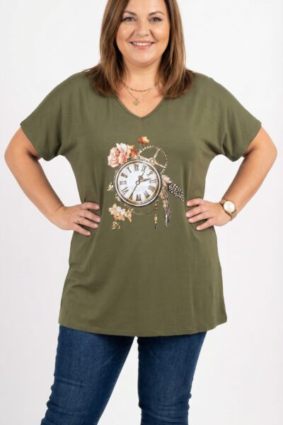 Dámske plus size khaki tričko s potlačou vintage hodín a kvetov, výstrih do V, krátky rukáv, voľný strih
