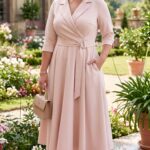 Béžové plus size šaty so sakovými chlopňami, opaskom so striebornou prackou a midi sukňou s vreckami
