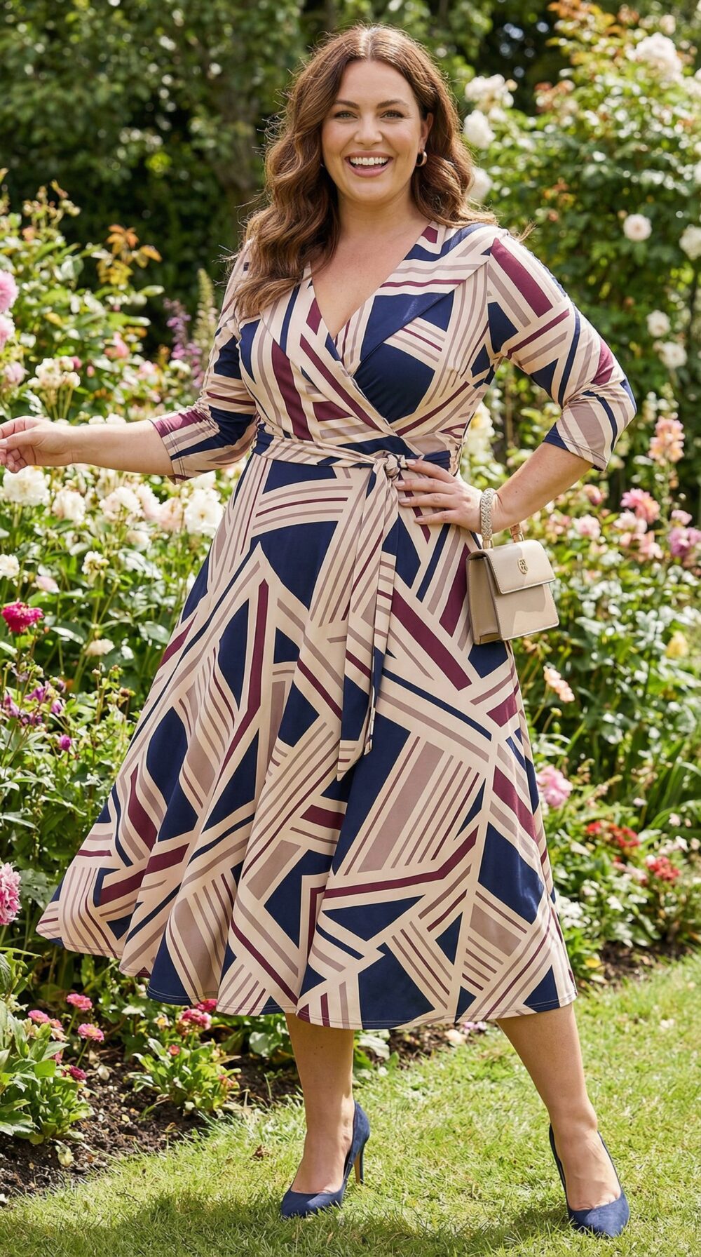 Vzorované zavinovacie šaty s geometrickým vzorom, midi dĺžka, rukávy po lakeť, plus size dámske šaty.