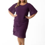 Slivkové plus size šifónové šaty s kaskádovým strihom a podšívkou