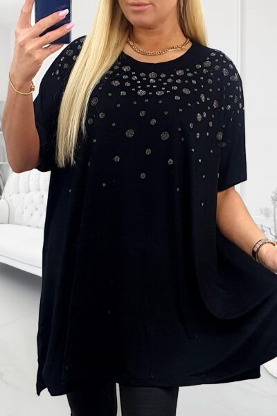 Čierna tričková tunika s trblietavými kamienkami pre nadmerné veľkosti