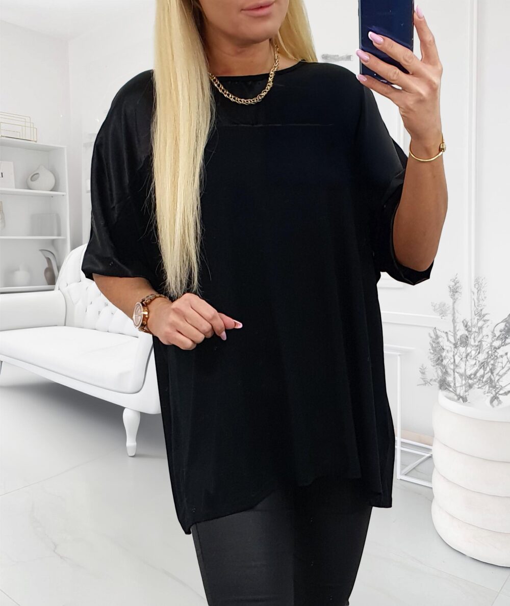 Čierna viskózová tunika so saténom okolo výstrihu a na rukávoch v nadmernej veľkosti