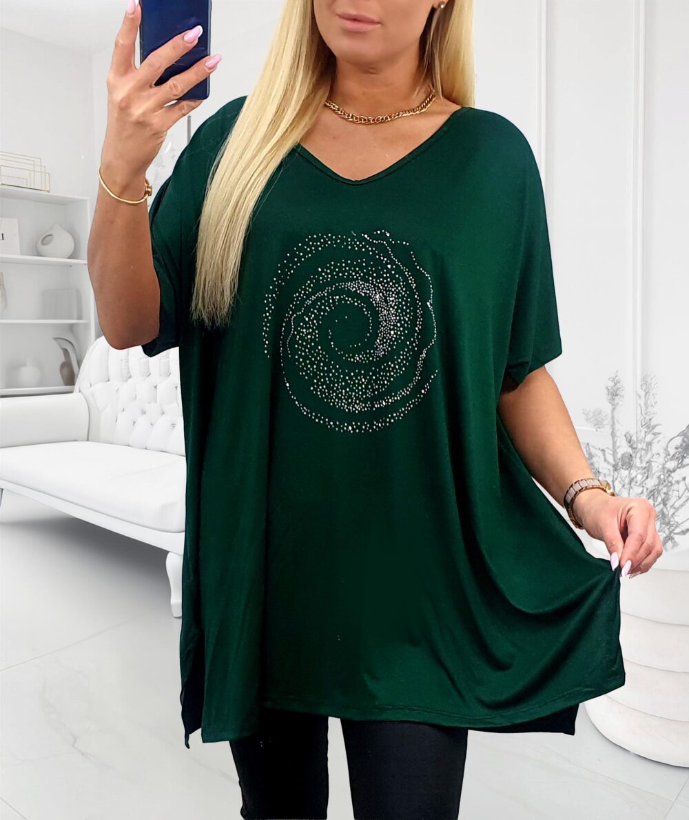 Tmavozelená plus size tunika s kamienkovým vzorom v tvare špirály