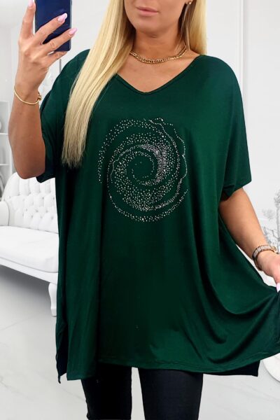 Tmavozelená plus size tunika s kamienkovým vzorom v tvare špirály