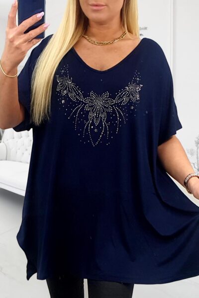 Tunika s kamienkami v tvare kvetu a listov tmavomodrá