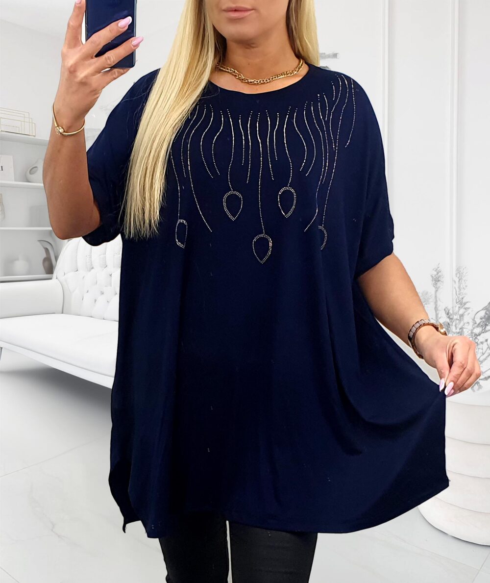 Nadmerná tmavomodrá tunika s kamienkami v tvare visiacich listov