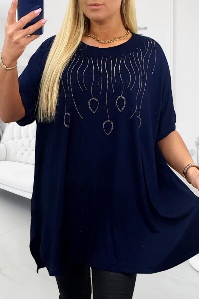 Nadmerná tmavomodrá tunika s kamienkami v tvare visiacich listov