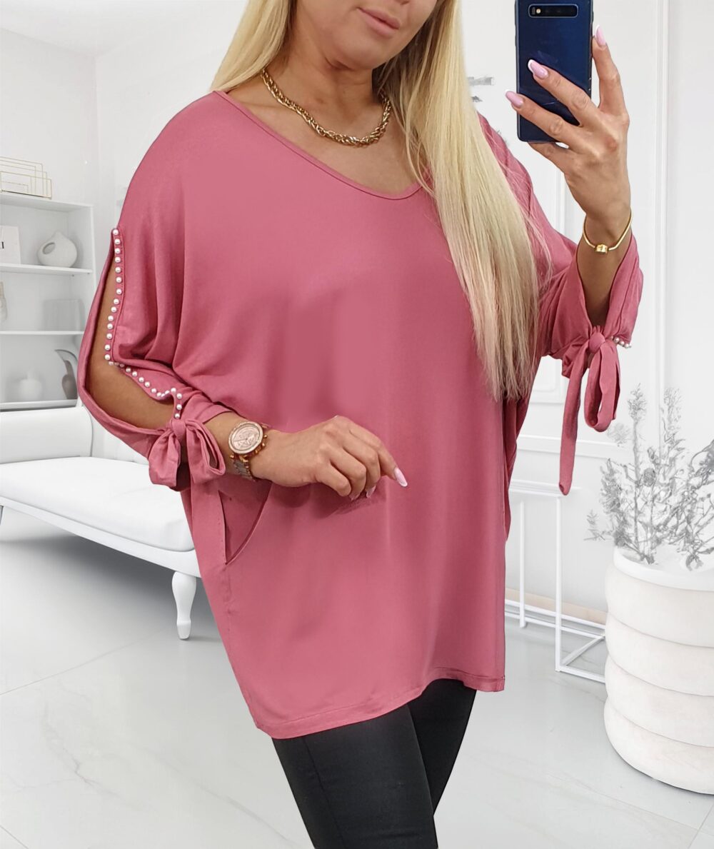 tunika-viskoza-elastan-perlicky-staroruzova Staroružová tunika s rozstrihnutými rukávmi zdobenými perličkami a viazačkou v plus size veľkosti