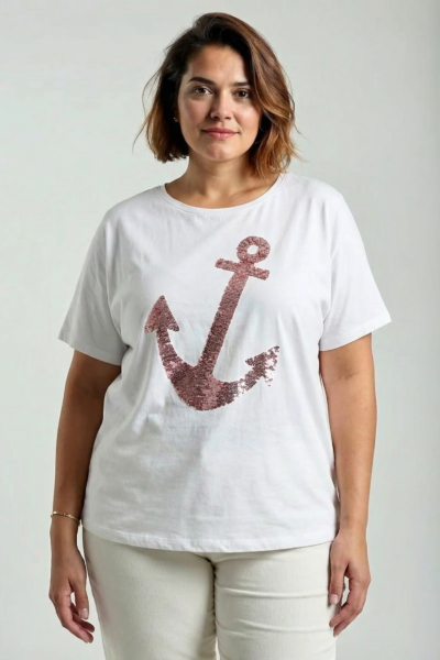 Plus size biele bavlnené tričko s ružovou flitrovanou kotvou