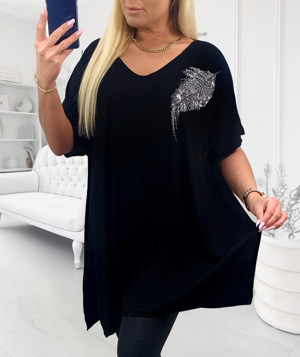 čierna plus size tunika s kamienkovým motívom listu