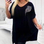 čierna plus size tunika s kamienkovým motívom listu