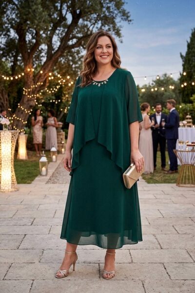 Spoločenské šifónové šaty s ozdobou okolo výstrihu a s pripevnenou pelerínkou tmavozelené
