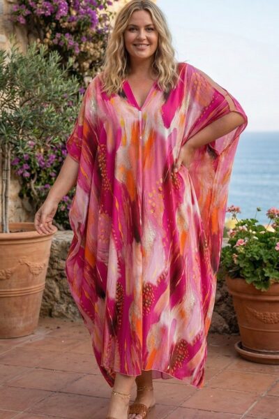 Vzorovaný kaftan s krátkymi rukávmi ružový