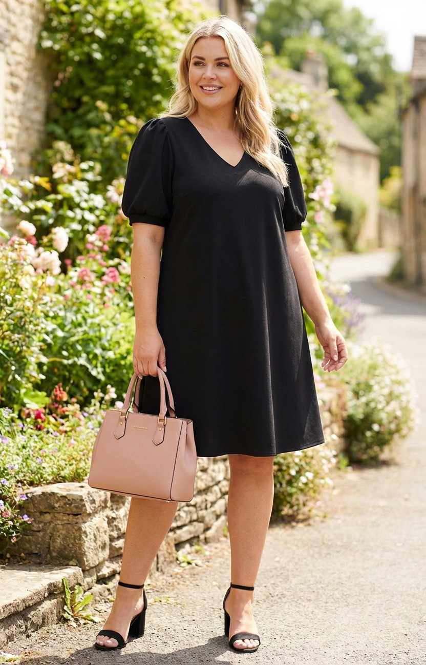 Áčkové čierne elegantné šaty s výstrihom do V a krátkymi rukávmi