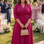 Malinové elegantné midi šaty s prekladaným vrchom, sakovým golierom a opaskom v páse.