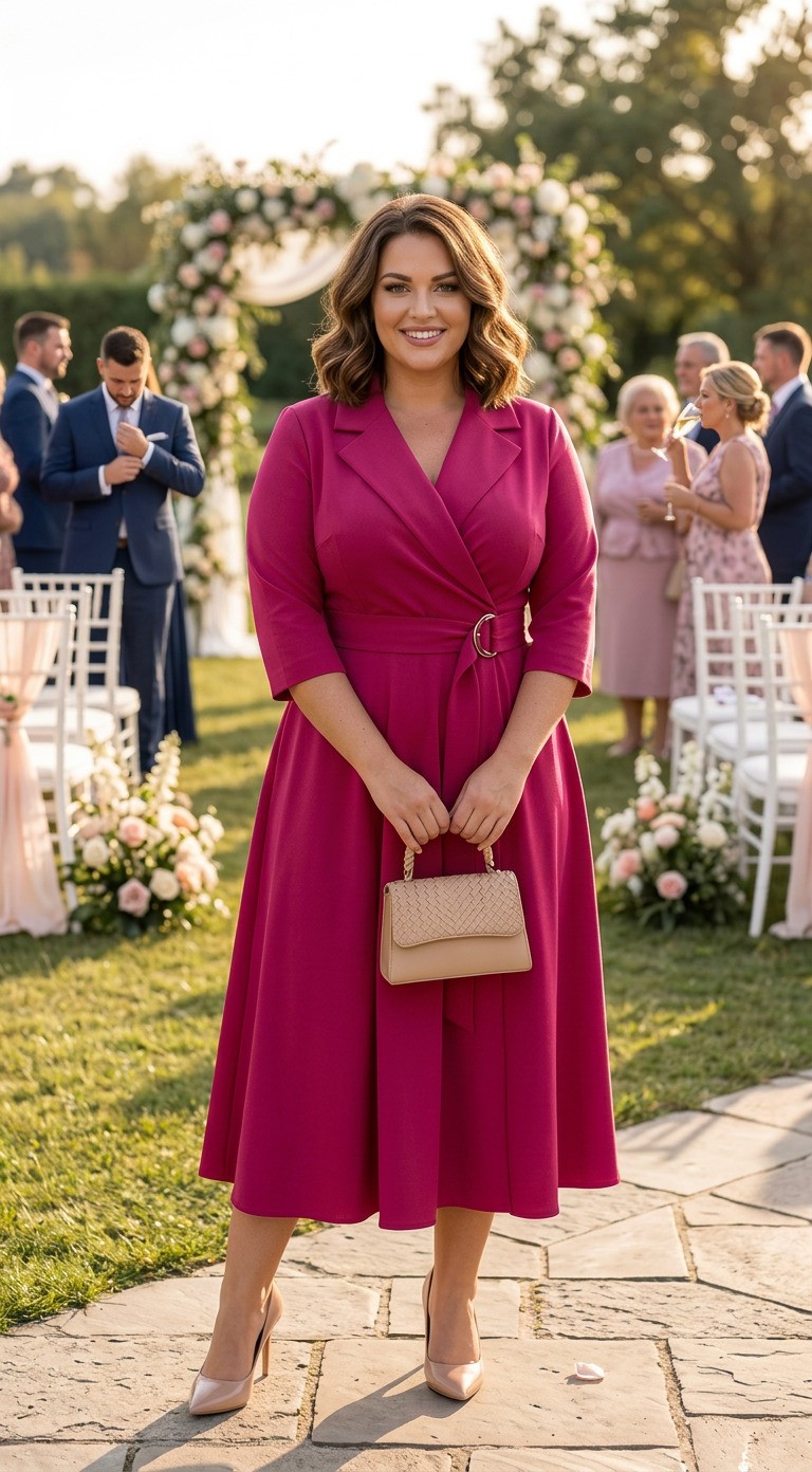 Malinové elegantné midi šaty s prekladaným vrchom, sakovým golierom a opaskom v páse.