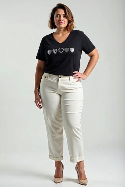 čierne plus size tričko so striebornými srdiečkami na prednej strane