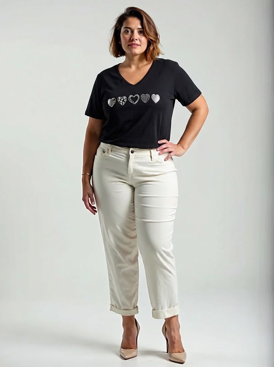 čierne plus size tričko so striebornými srdiečkami na prednej strane