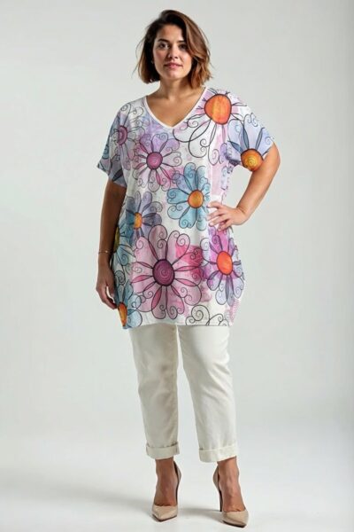 Farebná plus size tunika s veľkým kvetinovým vzorom a V výstrihom.
