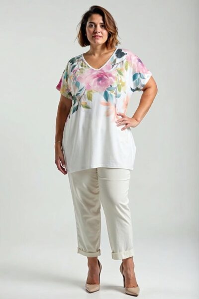 Plus size biela tunika s pastelovou kvetinovou potlačou vpredu, výstrih do V, jednofarebná biela zadná strana.