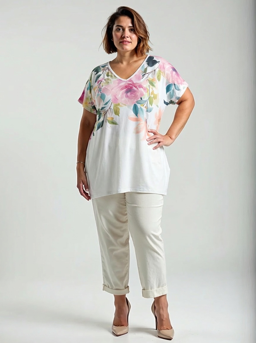 Plus size biela tunika s pastelovou kvetinovou potlačou vpredu, výstrih do V, jednofarebná biela zadná strana.