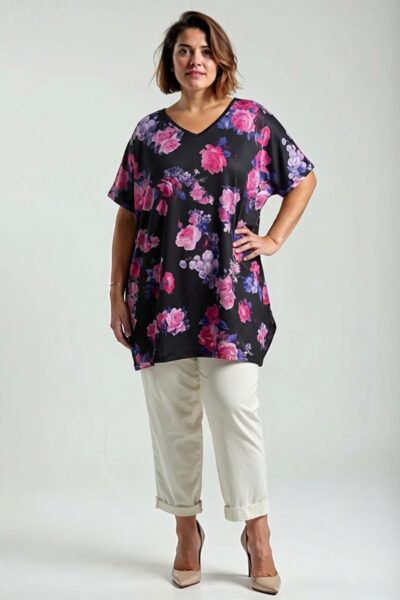 Plus size čierna tunika s ružovou kvetinovou potlačou vpredu a jednofarebnou čiernou zadnou stranou.