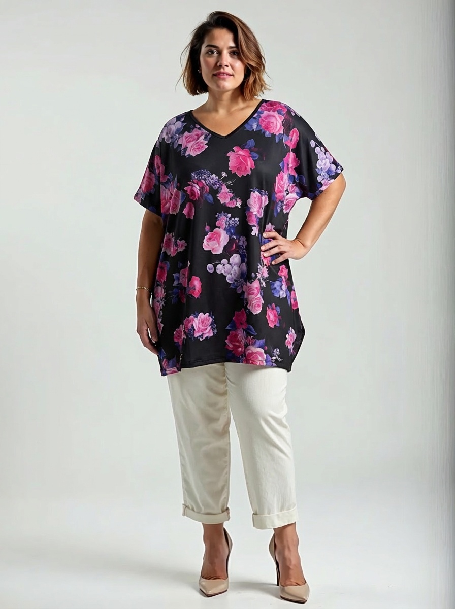Plus size čierna tunika s ružovou kvetinovou potlačou vpredu a jednofarebnou čiernou zadnou stranou.