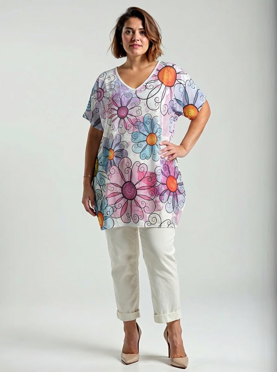 Farebná plus size tunika s veľkým kvetinovým vzorom a V výstrihom.