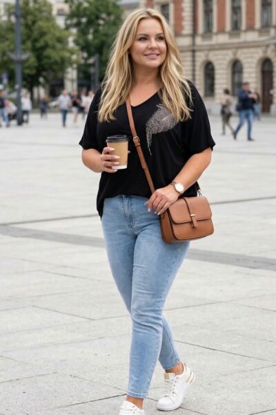 čierna plus size tunika s kamienkovým motívom listu