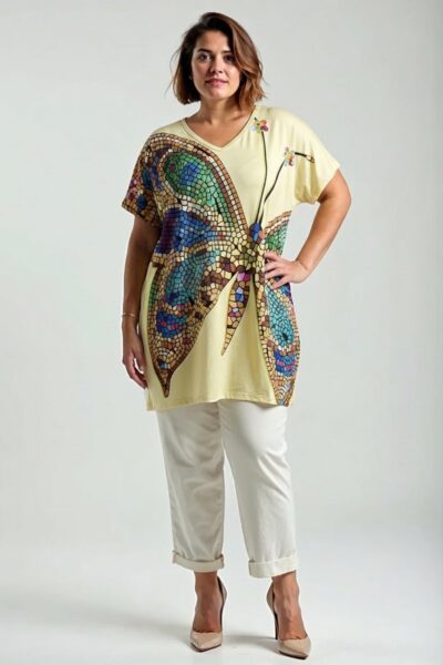 Plus size tunika so svetlým podkladom a veľkým farebným motýľom v mozaikovom štýle, voľný strih, krátke rukávy, bočné rozparky.