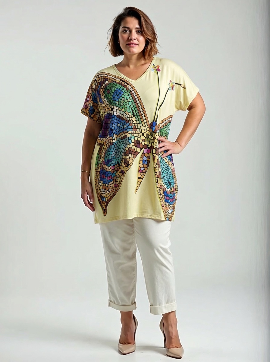 Plus size tunika so svetlým podkladom a veľkým farebným motýľom v mozaikovom štýle, voľný strih, krátke rukávy, bočné rozparky.