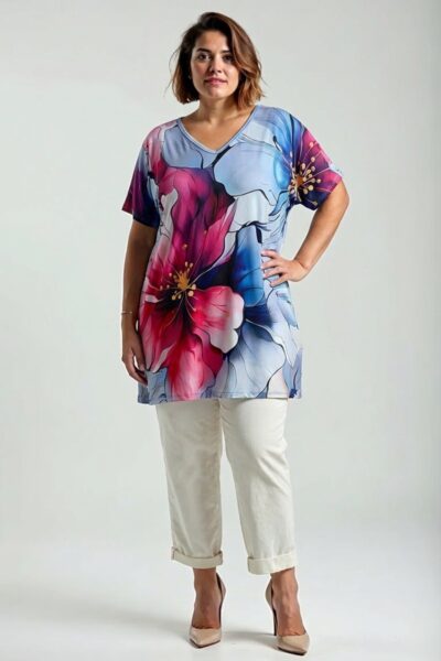 Plus size tunika s veľkým kvetinovým motívom v malinovej a modrej farbe, výstrih do V, jednofarebná zadná strana.