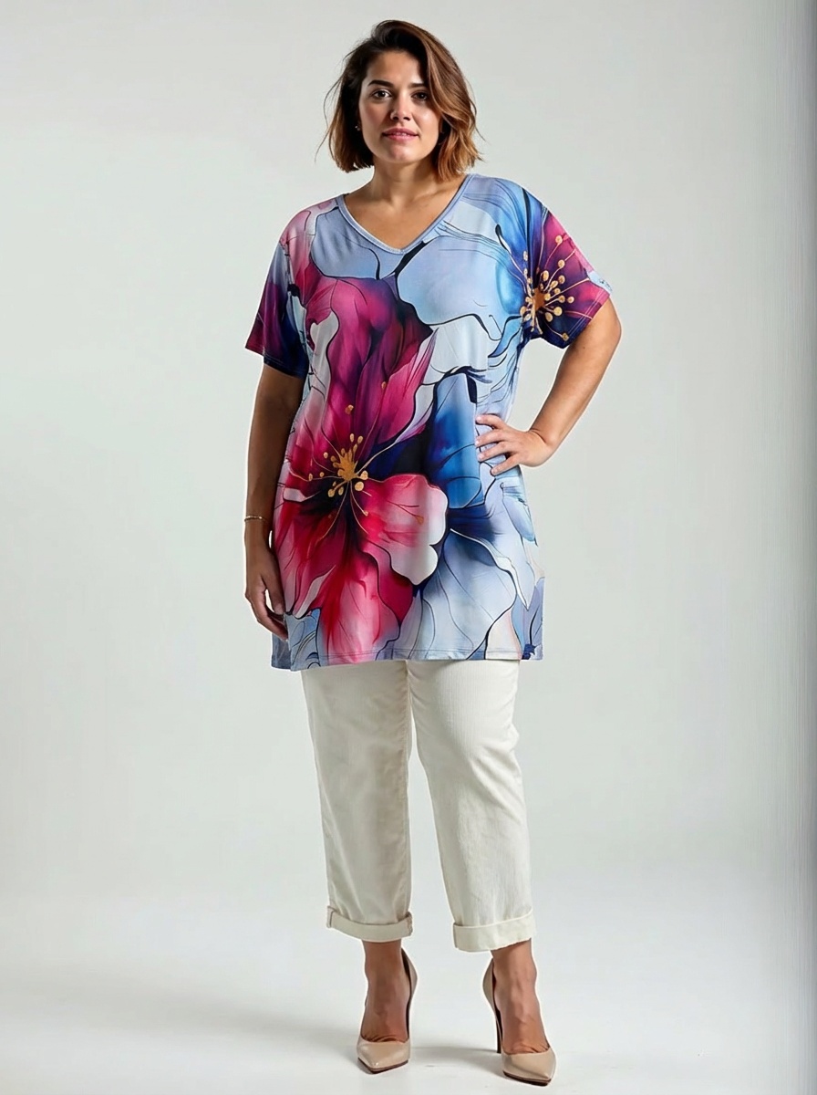 Plus size tunika s veľkým kvetinovým motívom v malinovej a modrej farbe, výstrih do V, jednofarebná zadná strana.