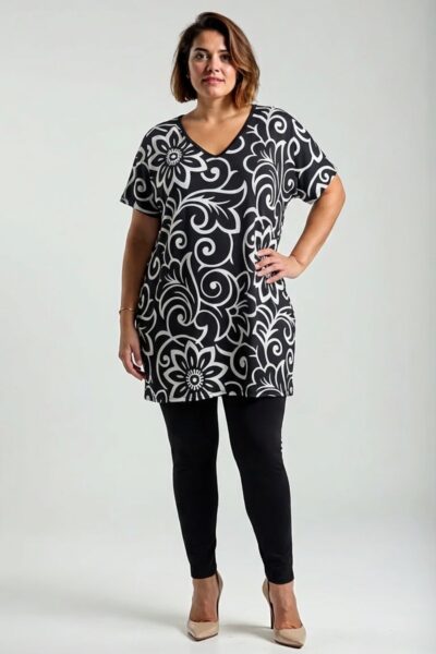 Plus size čierno-biela tunika s výrazným ornamentálnym vzorom vpredu, výstrih do V, jednofarebná čierna zadná strana.