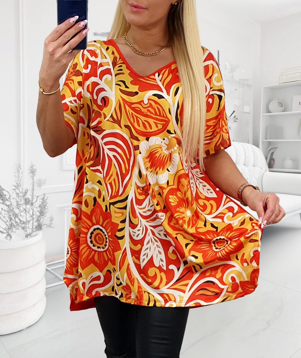 Plus size tunika s oranžovo-žltou kvetinovou digitálnou potlačou na prednej strane