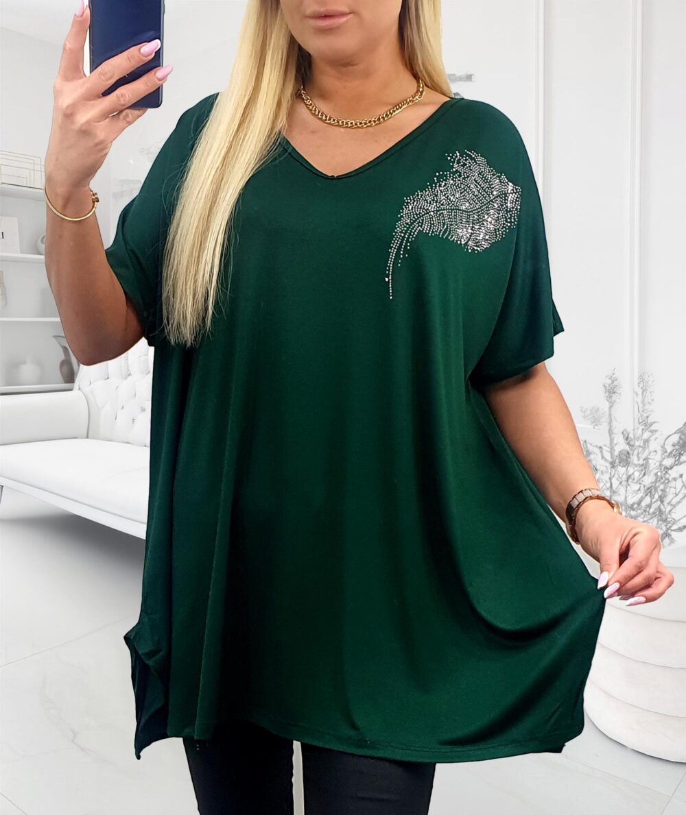 smaragdovo zelená plus size tunika s kamienkovým motívom listu
