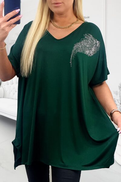 smaragdovo zelená plus size tunika s kamienkovým motívom listu