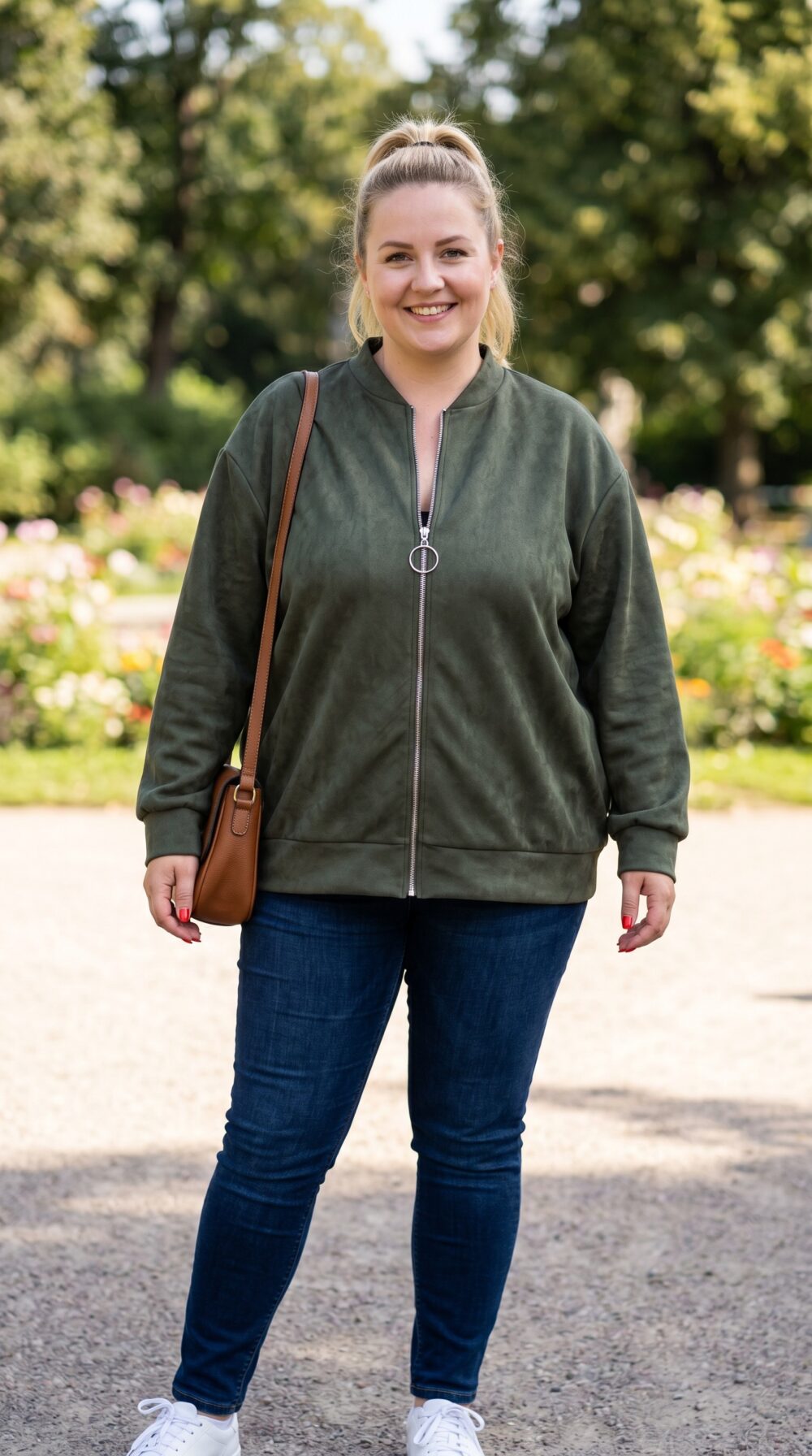 Plus size zelená bomber bunda so semišovým vzhľadom, zipsom, stojatým rebrovaným golierom, vreckami v švoch a elastickými lemami, kombinovaná s džínsami.