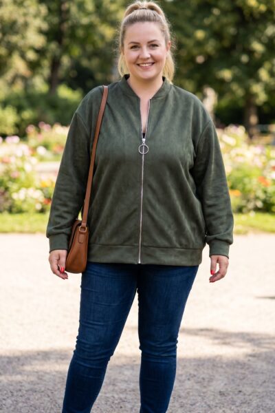 Plus size zelená bomber bunda so semišovým vzhľadom, zipsom, stojatým rebrovaným golierom, vreckami v švoch a elastickými lemami, kombinovaná s džínsami.