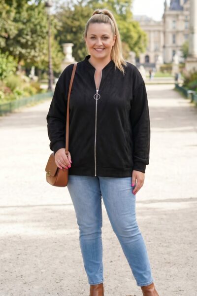 čierna plus size bomber bunda na zips, mierne pružný materiál, mestský outfit