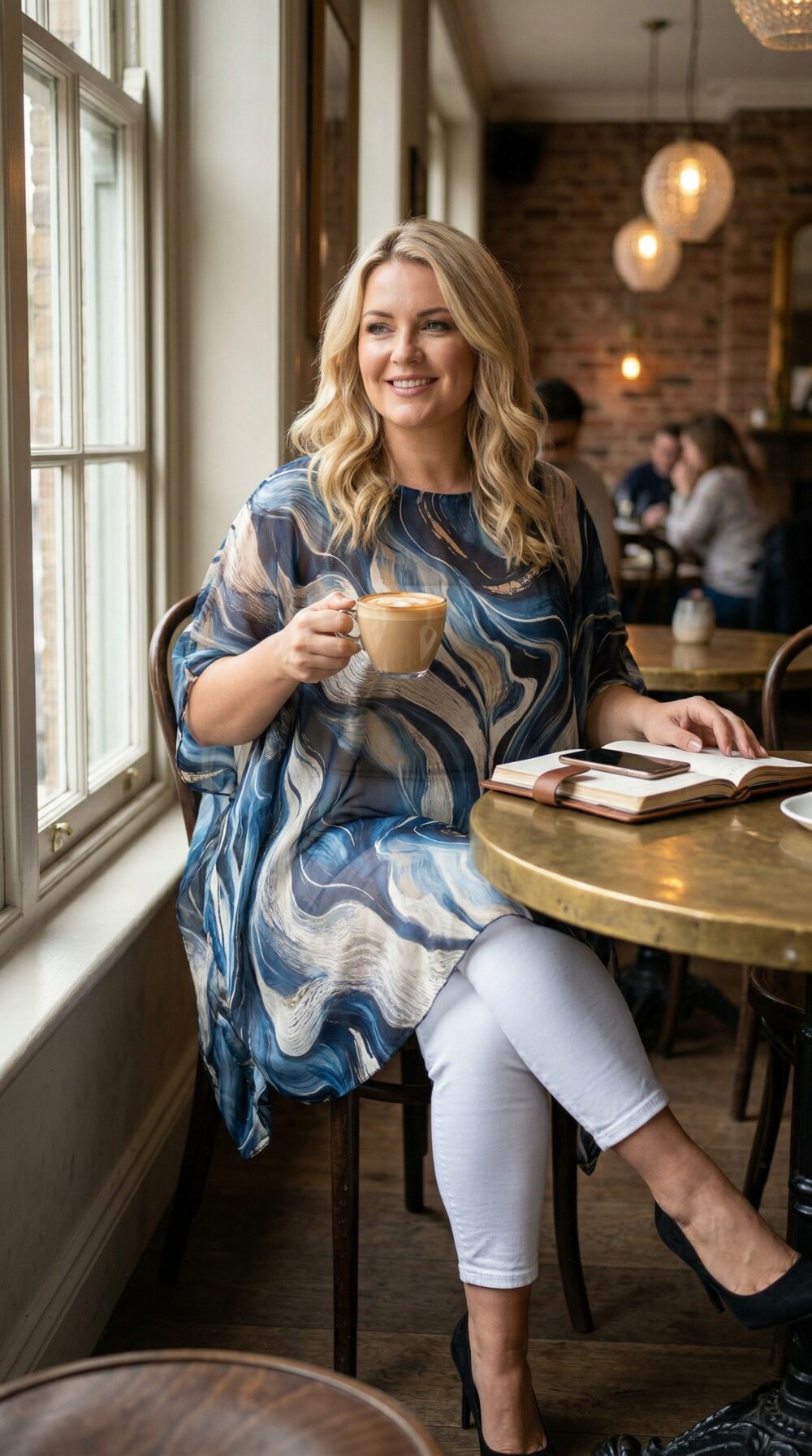 Vzdušná plus size tunika s abstraktnou modro-béžovou potlačou, voľný strih, asymetrická dĺžka, krátke rukávy