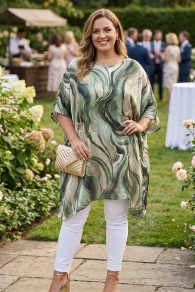 Hodvábna tunika s abstraktnou potlačou zelená