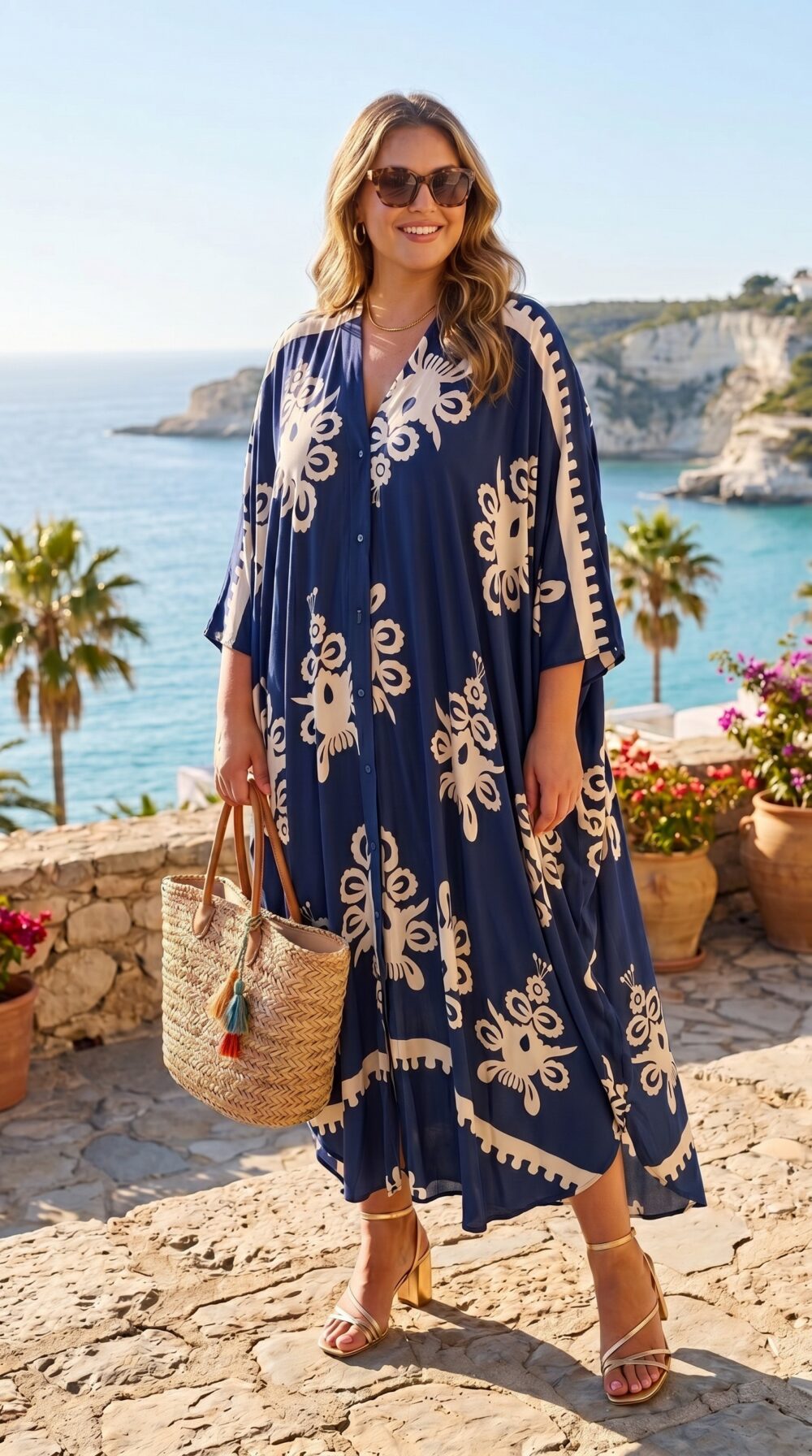 plus size viskózový kaftan tmavomodrý s ornamentálnou potlačou, maxi dĺžka, gombíky, letný outfit pri mori