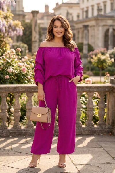 Fuksiový dvojdielny komplet – top s odhalenými ramenami a rukávmi po lakte, široké dlhé nohavice s vreckami