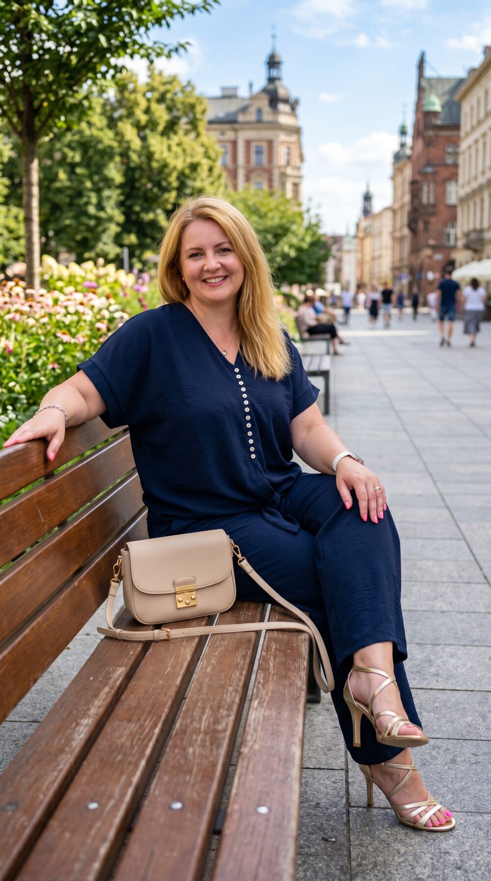 Plus size tmavomodrý nohavicový komplet z viskózy s gombíkovým výstrihom, viazaním v páse a širokými nohavicami, dámsky elegantný letný outfit pre moletky,