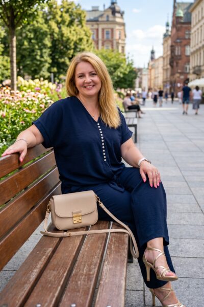 Plus size tmavomodrý nohavicový komplet z viskózy s gombíkovým výstrihom, viazaním v páse a širokými nohavicami, dámsky elegantný letný outfit pre moletky,