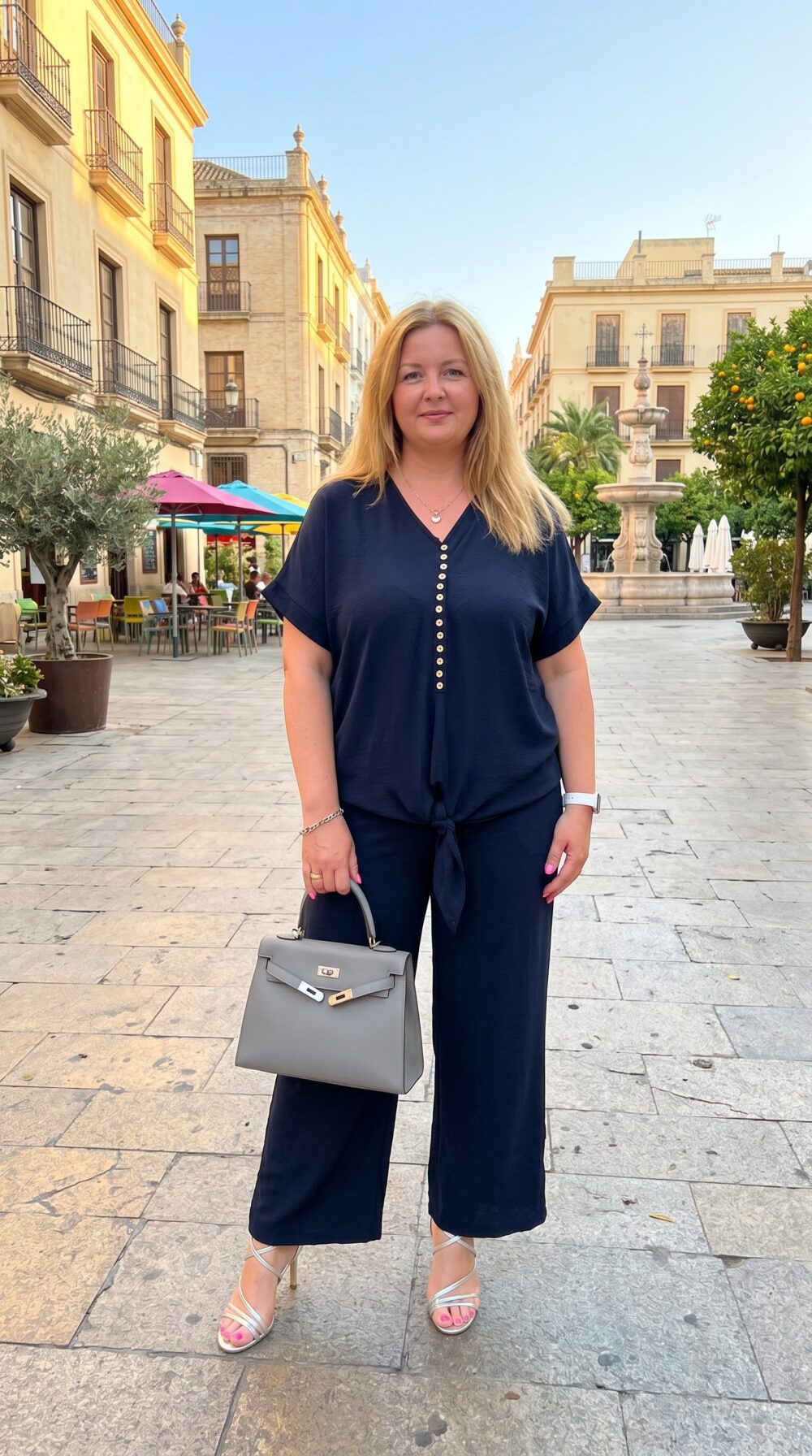 Plus size tmavomodrý nohavicový komplet z viskózy s gombíkovým výstrihom, viazaním v páse a širokými nohavicami, dámsky elegantný letný outfit pre moletky,