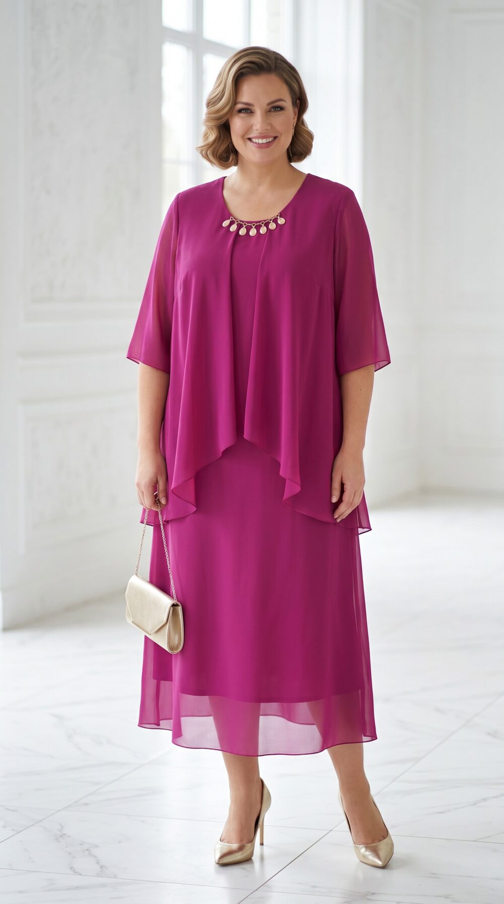 Cyklámenové spoločenské plus size šaty so šifónovou pelerínou, zdobeným okrúhlym výstrihom a dĺžkou cca 130 cm