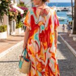 Plus size dlhé viskózové šaty s farebnou abstraktnou potlačou, áčkový strih, krátke rukávy, vrecká v švoch, viazanie na chrbte