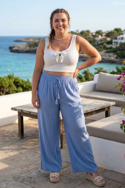 Voľné široké nohavice z jemne krčenej viskózy bledomodré